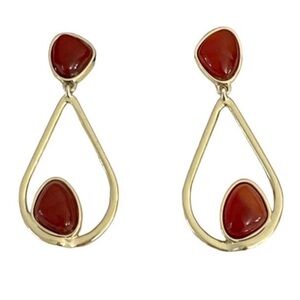 Red Stone Dangle Drop Post Earrings Gold Tone